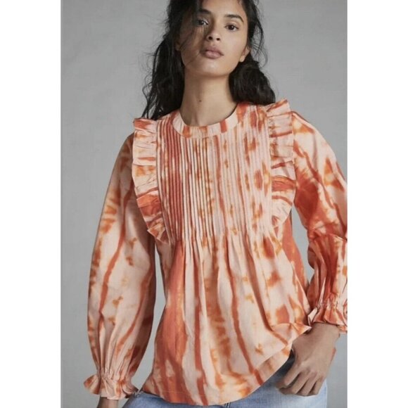Anthropologie Samant Chauhan Emilia Ruffled L/S Blouse Women's XL Orange Tie-Dye - Picture 1 of 9